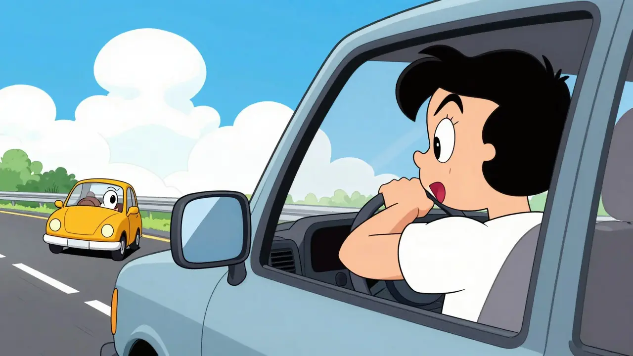 Водитель проверяет слепую зону, поворачивая голову в сторону окна