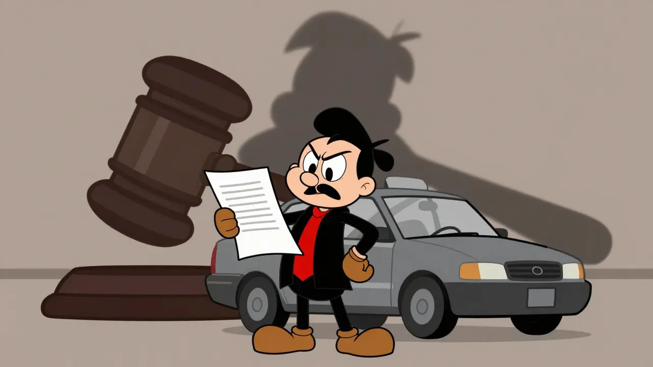 Водитель с письмом о штрафе перед тенью молота судьи