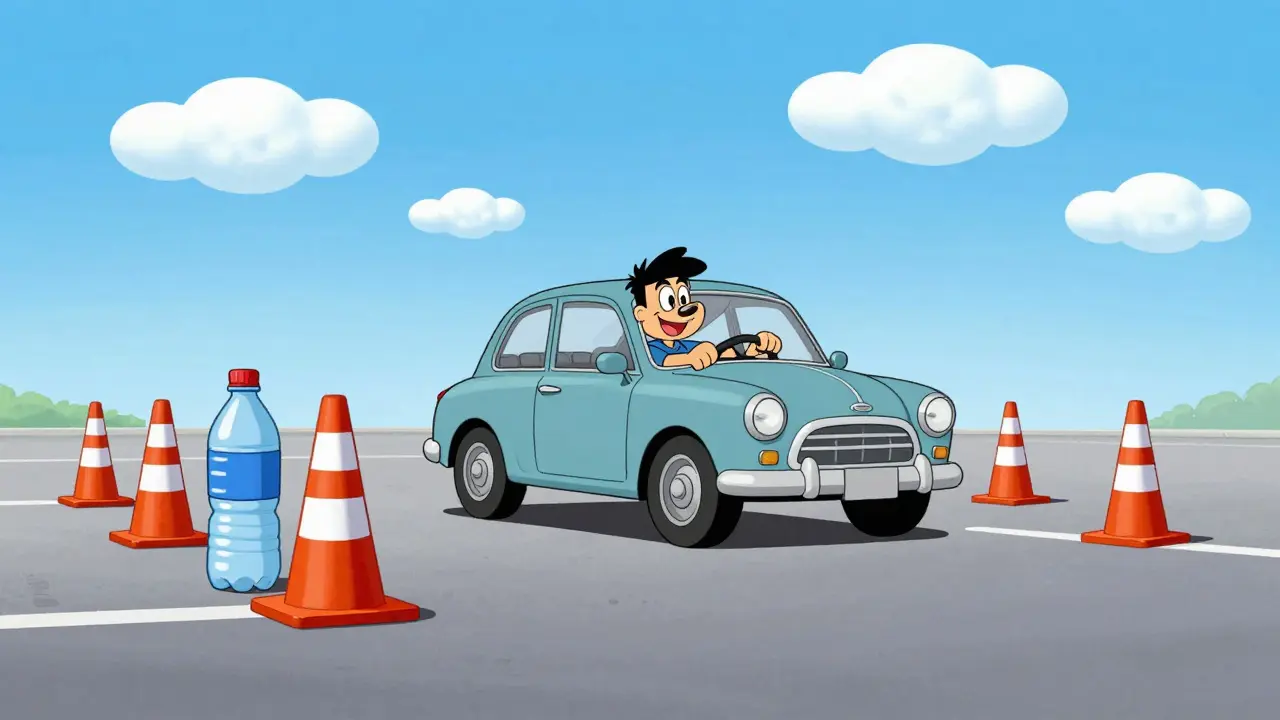 Водитель тренируется сдавать назад, объезжая конусы на пустой площадке.