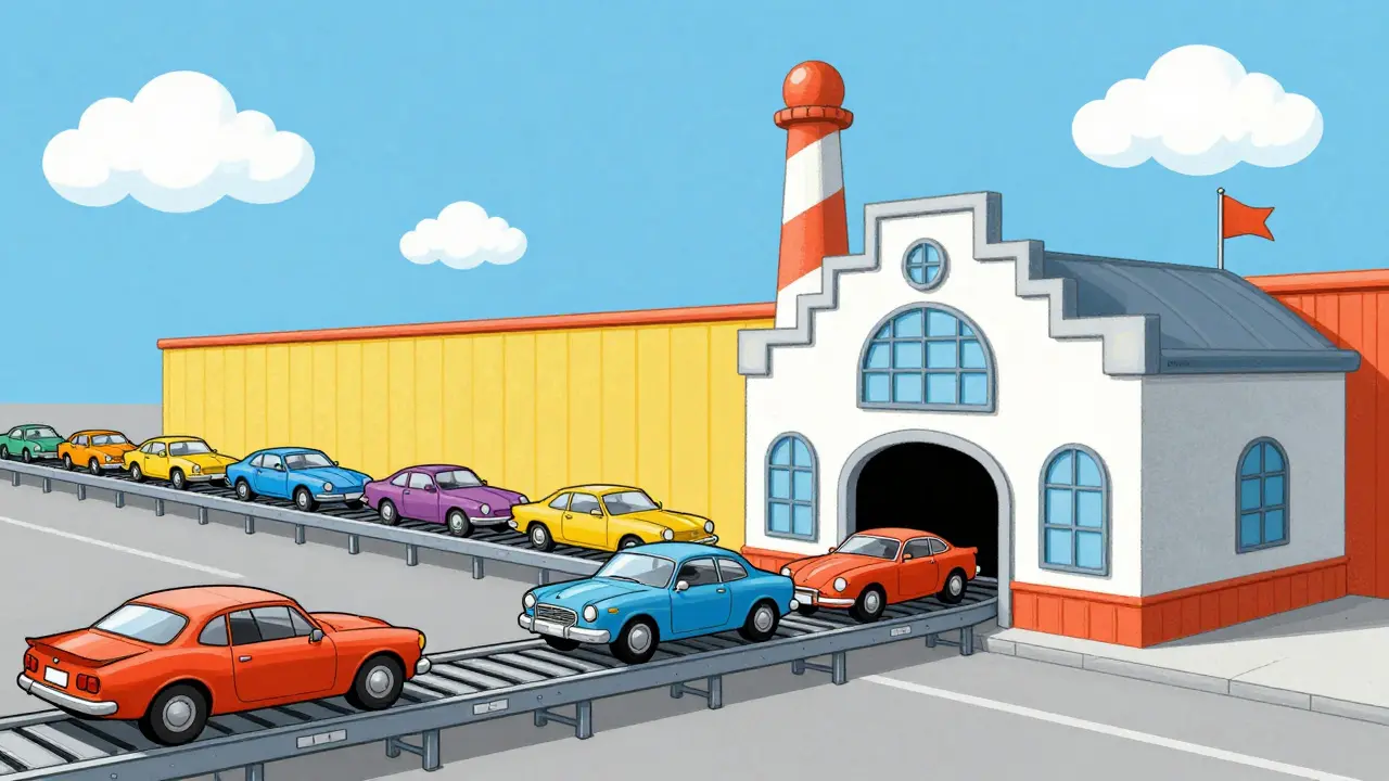 Завод по производству автомобилей и барьер для импорта в стиле классической анимации