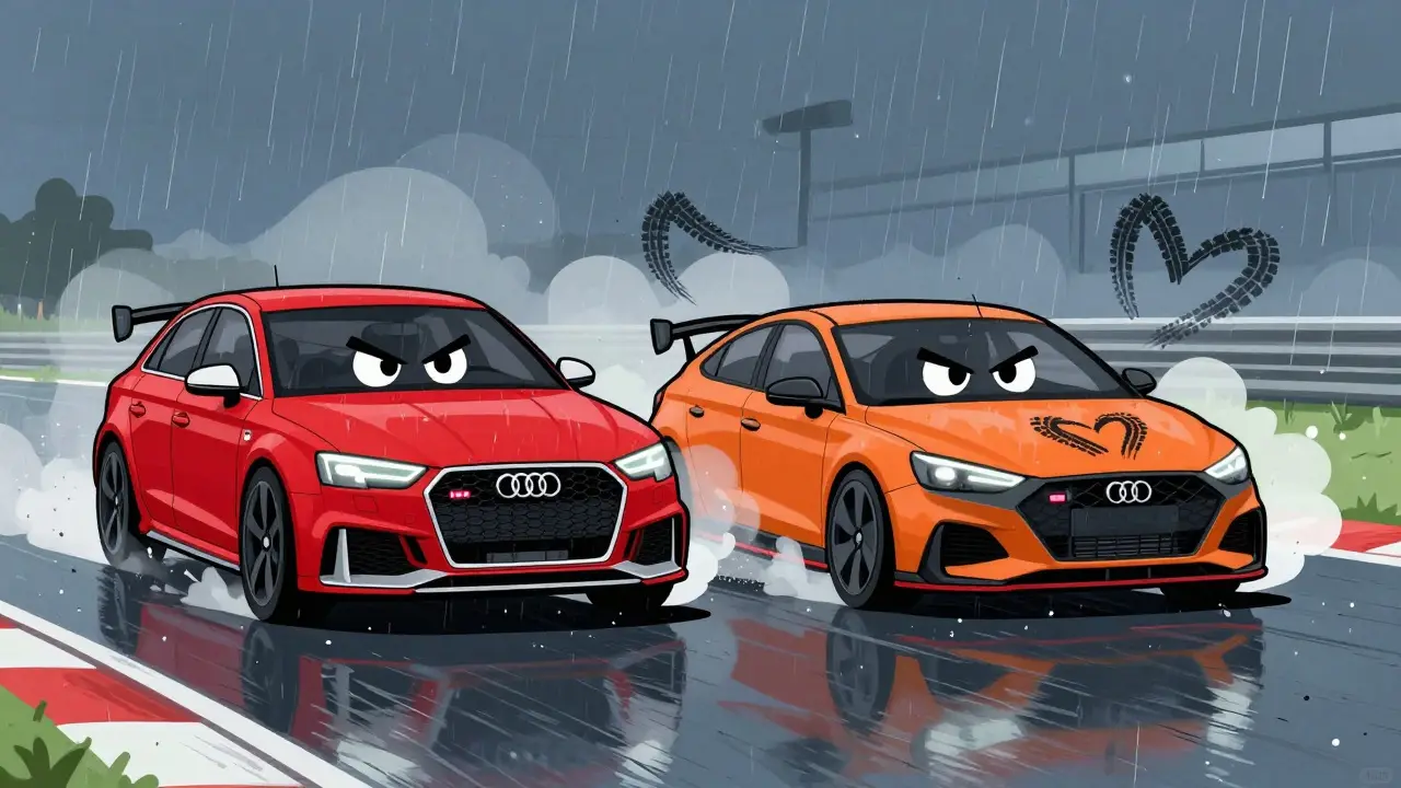 Audi RS и Hyundai N гоняются на мокрой трассе в мультяшном стиле