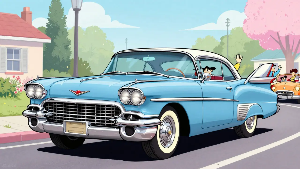 Автомобиль Cadillac с хвостовыми плавниками на фоне пригорода 1950-х годов