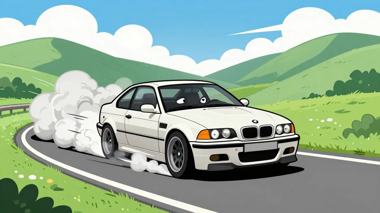 BMW M заносит на повороте горной дороги в стиле мультфильма