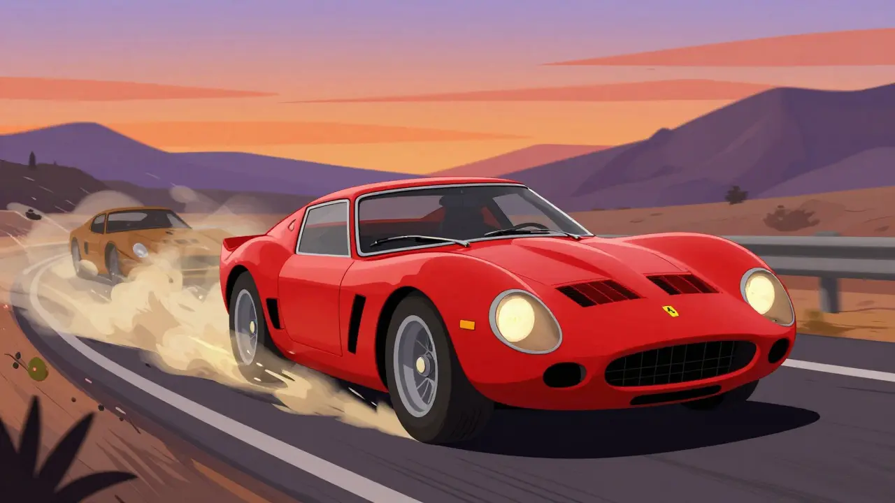 Красный Феррари 250 GTO на горной дороге в стиле мультфильма