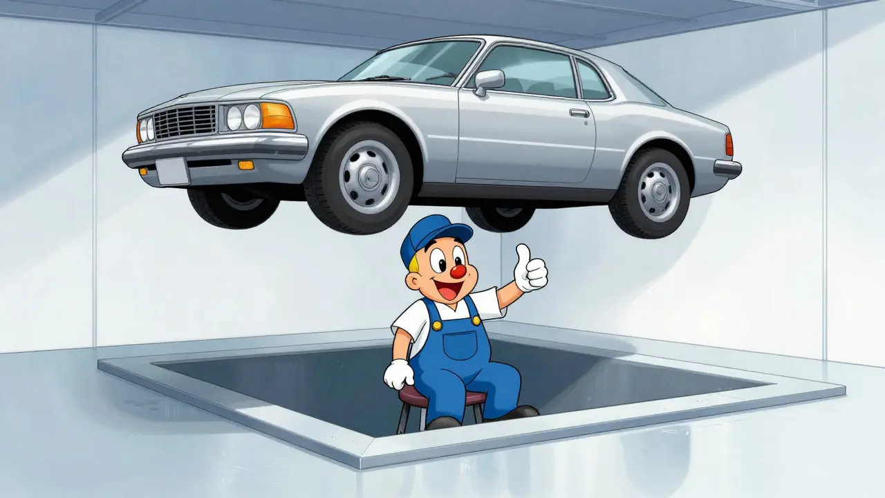 Чистая сухая яма с довольным механиком под автомобилем