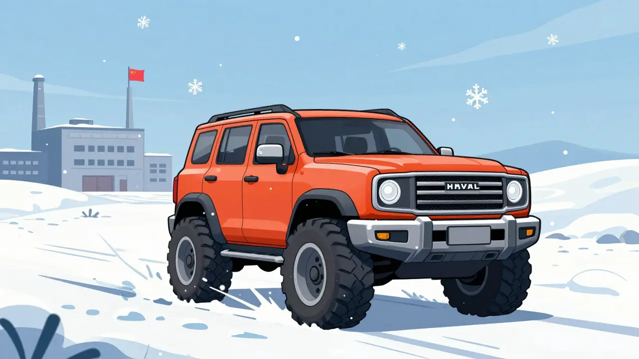Кроссовер Haval едет по снегу перед заводом в мультяшном стиле