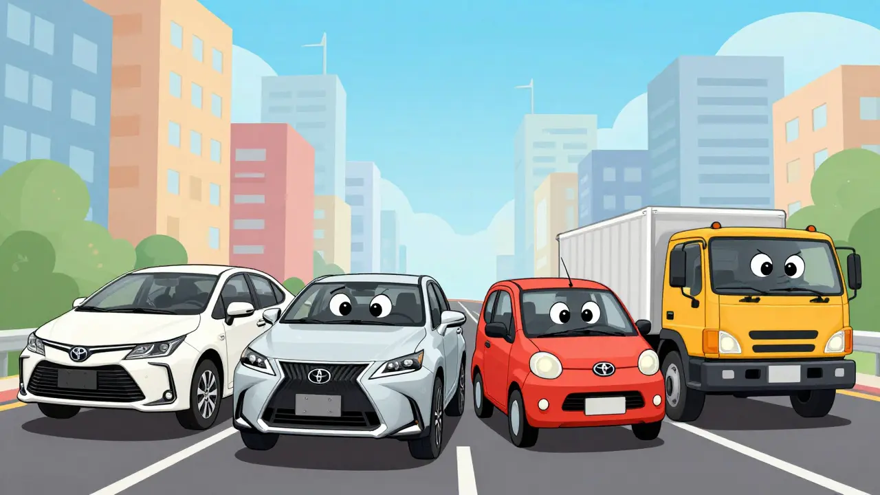 Мультяшные автомобили брендов Toyota, Lexus и Hino на дороге