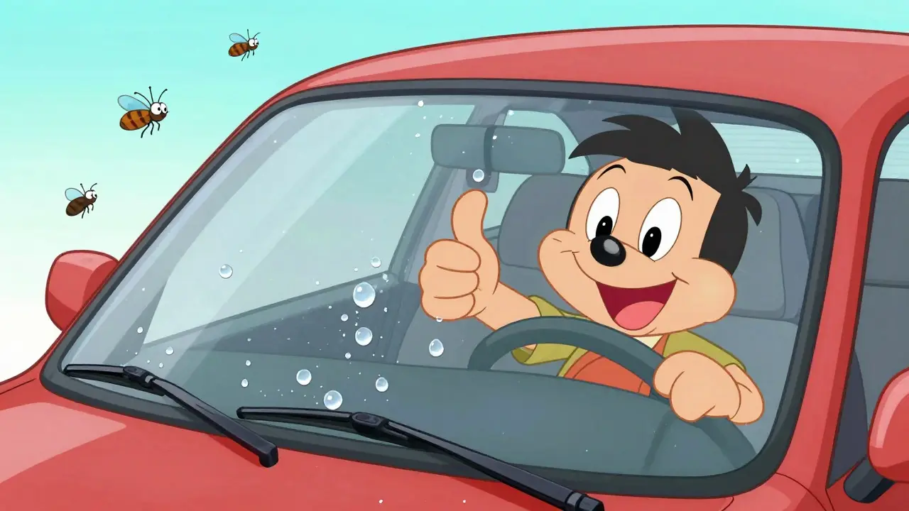Чистое лобовое стекло с гидрофобным покрытием, капли воды скатываются, насекомые отскакивают