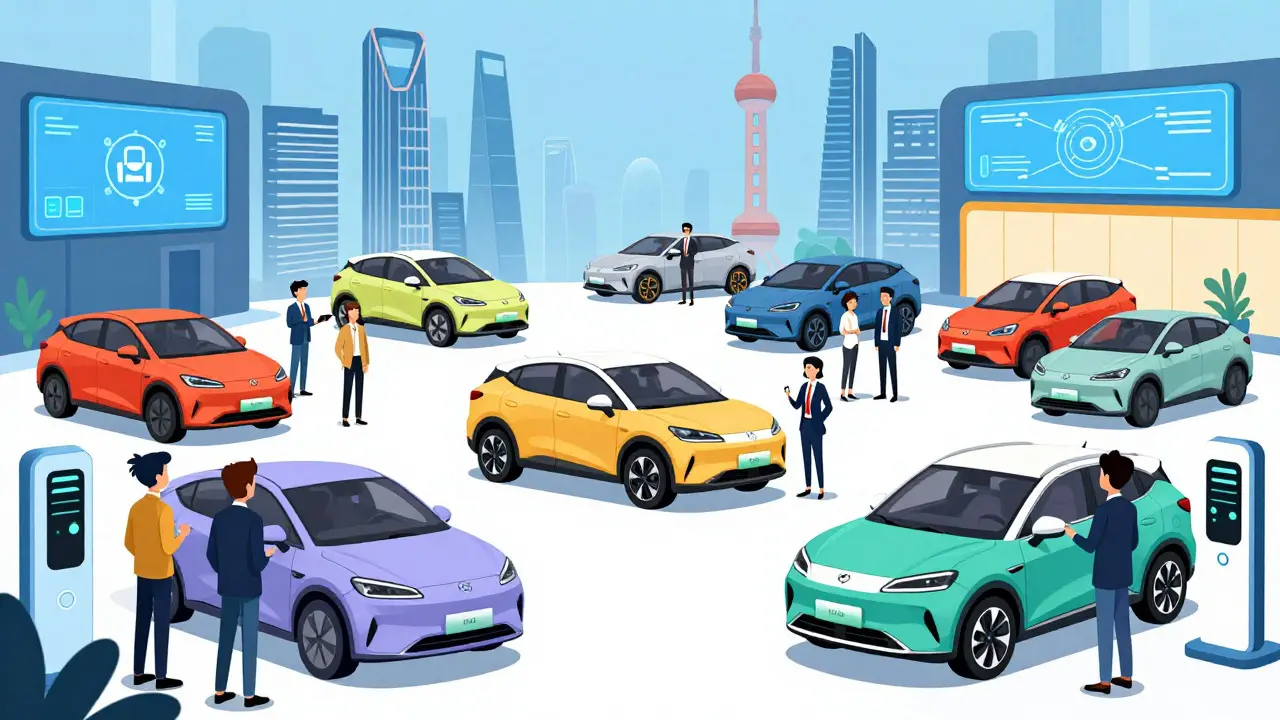 Мультяшная иллюстрация выставки Auto Shanghai с современными электромобилями и роботами