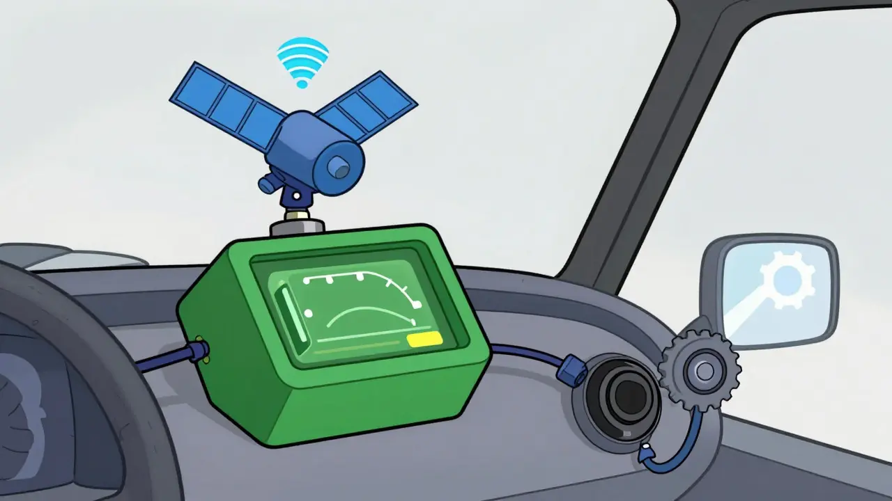 Схема тахографа с GPS и картой водителя в стиле мультфильма