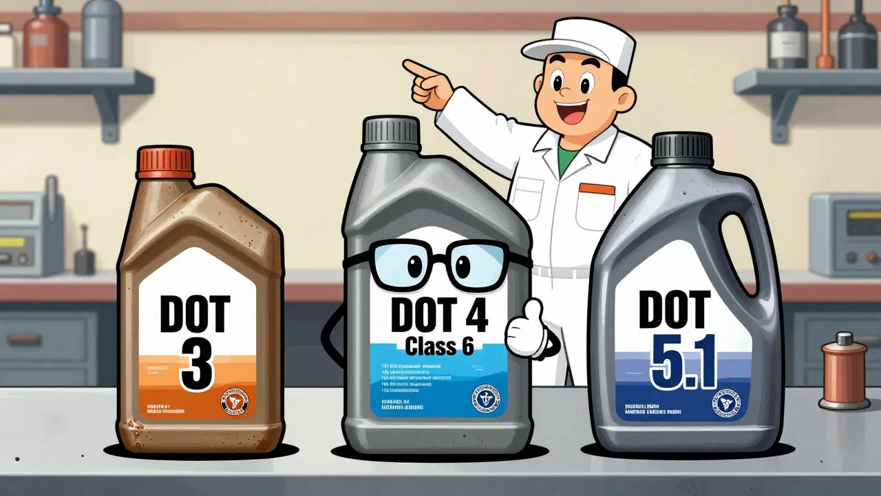 Сравнение бутылок DOT 3, DOT 4 и DOT 5.1 в стиле мультфильма