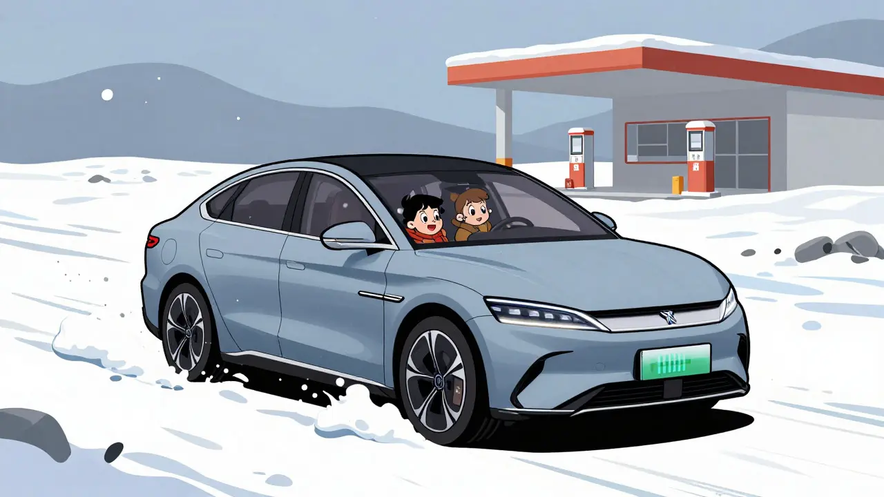 BYD едет по снегу, семья внутри довольна и тепла