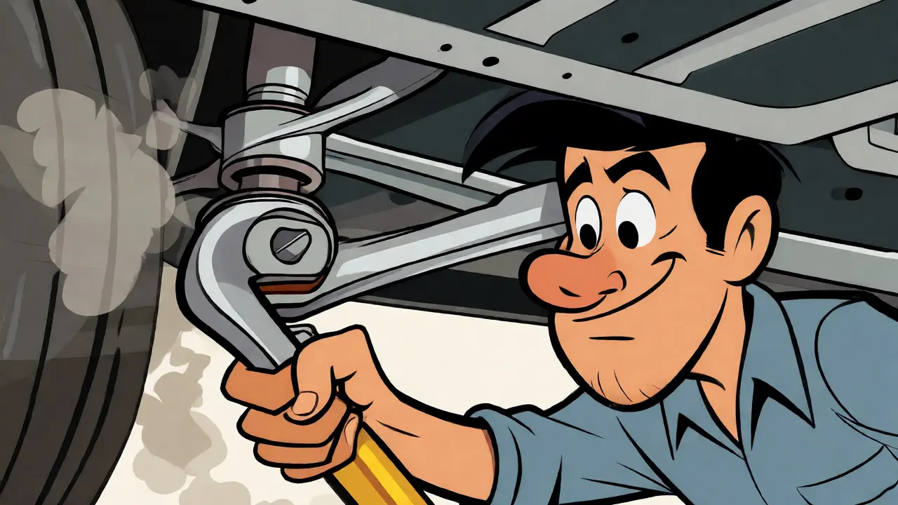 Mechanic using a pry bar to check stability of car suspension links
