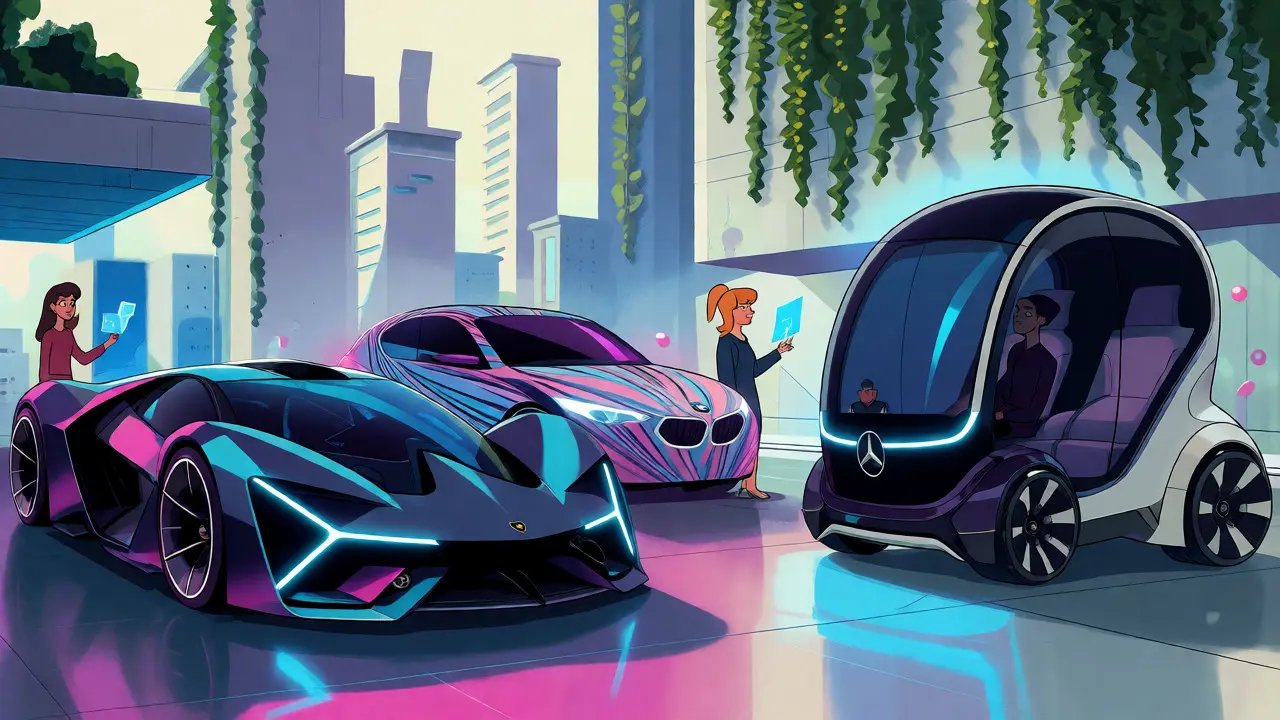 Современные концепт-кары Lamborghini и Mercedes в футуристичном городе