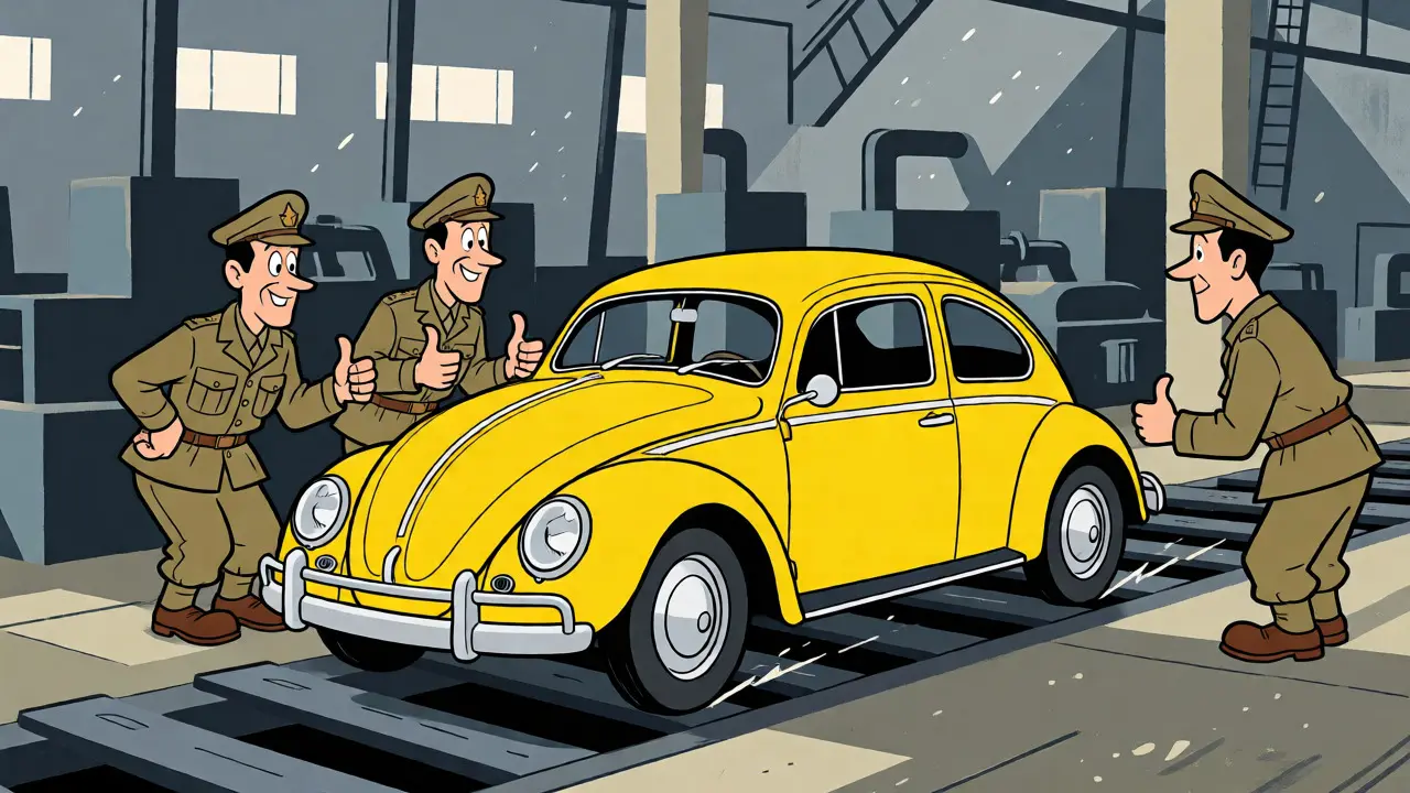 Британские солдаты осматривают первый послевоенный VW Beetle на заводе